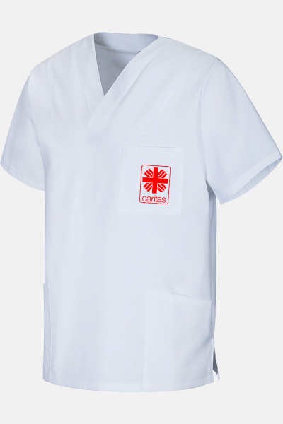 Unisex Schlupfkasack Eike - speziell für die Caritas, Farbe: weiß, Größe: XS mit Druck des Logos der Caritas auf der Brust