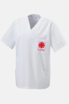 Unisex Schlupfkasack Eike - speziell für die Caritas, Farbe: weiß, Größe: XS mit Druck des Logos der Caritas auf der Brust