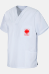 Unisex Schlupfkasack Eike - speziell für die Caritas, Farbe: weiß, Größe: XS mit Druck des Logos der Caritas auf der Brust