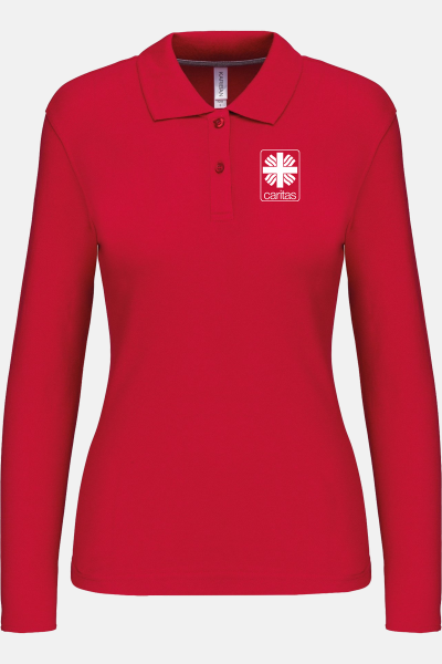 Caritas Damen Langarmpolo Tyria, tailliert geschnitten, Farbe: rot, Größe: S mit Druck des Logos der Caritas auf der Brust
