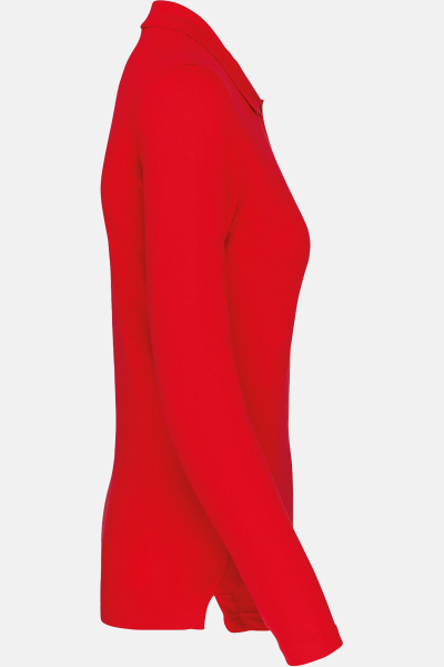 Caritas Damen Langarmpolo Tyria, tailliert geschnitten, Farbe: rot, Größe: S mit Druck des Logos der Caritas auf der Brust