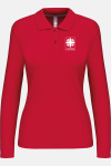 Caritas Damen Langarmpolo Tyria, tailliert geschnitten, Farbe: rot, Größe: S mit Druck des Logos der Caritas auf der Brust