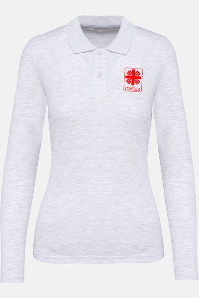 Caritas Damen Langarmpolo Tyria, tailliert geschnitten, Farbe: grau-meliert, Größe: S mit Druck des Logos der Caritas auf der Brust