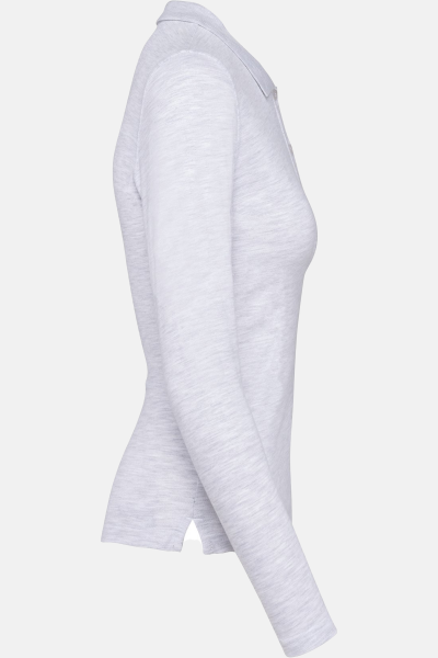 Caritas Damen Langarmpolo Tyria, tailliert geschnitten, Farbe: grau-meliert, Größe: S mit Druck des Logos der Caritas auf der Brust