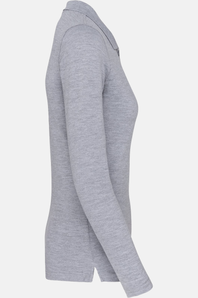 Caritas Damen Langarmpolo Tyria, tailliert geschnitten, Farbe: grau, Größe: S mit Druck des Logos der Caritas auf der Brust