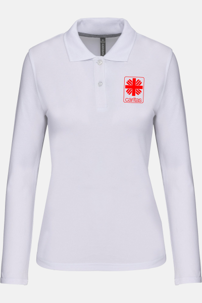 Caritas Damen Langarmpolo Tyria, tailliert geschnitten, Farbe: weiß, Größe: S mit Druck des Logos der Caritas auf der Brust