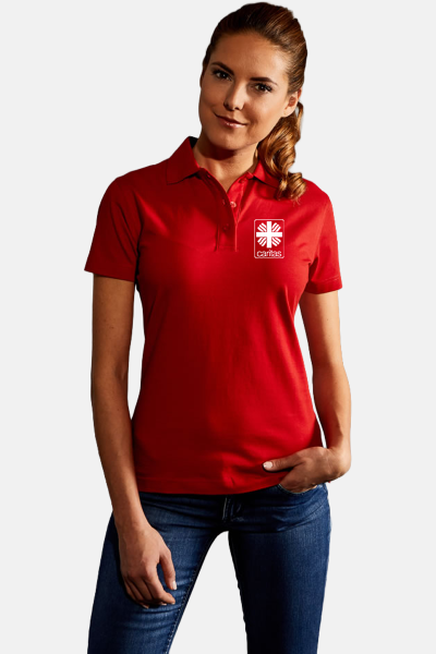 Caritas Jersey Polo Edria, tailliert geschnitten, Farbe: rot, Größe: S mit Druck des Logos der Caritas auf der Brust