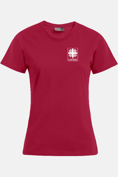 Caritas T-Shirt Kelina, tailliert geschnitten, Farbe: berry, Größe: XS mit Druck des Logos der Caritas auf der Brust
