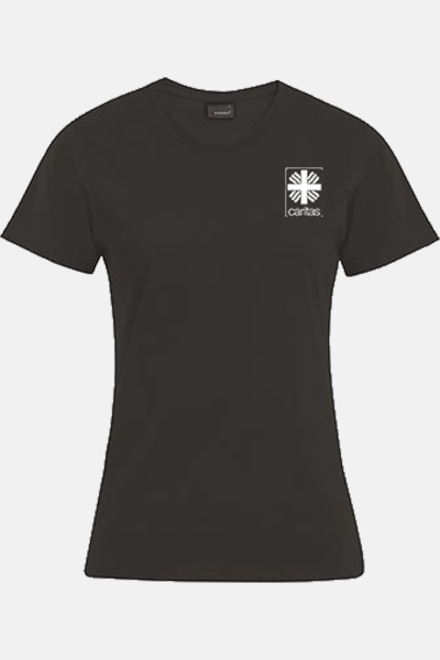 Caritas T-Shirt Kelina, tailliert geschnitten, Farbe: Braungrau, Größe: XS mit Druck des Logos der Caritas auf der Brust
