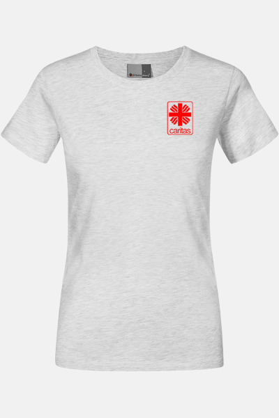 Caritas T-Shirt Kelina, tailliert geschnitten, Farbe: asche, Größe: XS mit Druck des Logos der Caritas auf der Brust