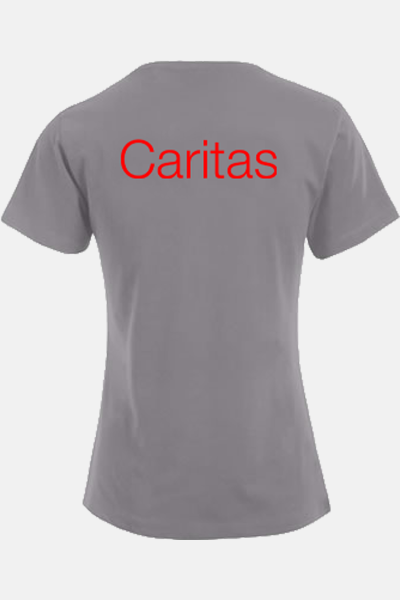 Caritas T-Shirt Kelina, tailliert geschnitten, Farbe: silbergrau, Größe: XS mit Druck des Logos der Caritas auf der Brust