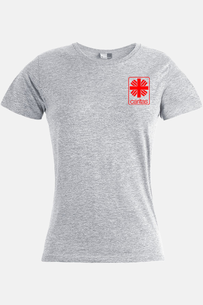 Caritas T-Shirt Kelina, tailliert geschnitten, Farbe: grau-meliert, Größe: XS mit Druck des Logos der Caritas auf der Brust