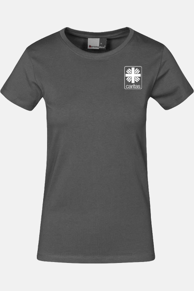Caritas T-Shirt Kelina, tailliert geschnitten, Farbe: grau, Größe: XS mit Druck des Logos der Caritas auf der Brust