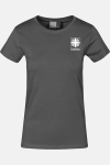 Caritas T-Shirt Kelina, tailliert geschnitten, Farbe: grau, Größe: XS mit Druck des Logos der Caritas auf der Brust