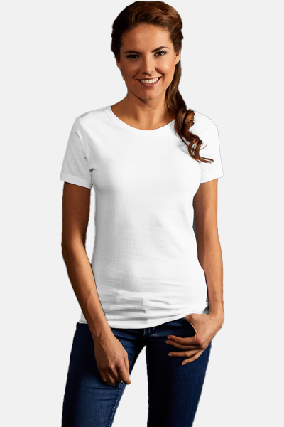 Caritas T-Shirt Kelina, tailliert geschnitten, Farbe: weiß, Größe: XS mit Druck des Logos der Caritas auf der Brust