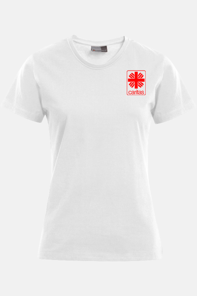 Caritas T-Shirt Kelina, tailliert geschnitten, Farbe: weiß, Größe: XS mit Druck des Logos der Caritas auf der Brust