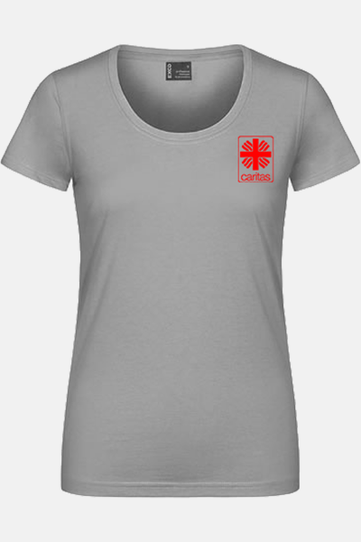 Caritas T-Shirt Zeyra, tailliert geschnitten, Farbe: hellgrau, Größe: S mit Druck des Logos der Caritas auf der Brust