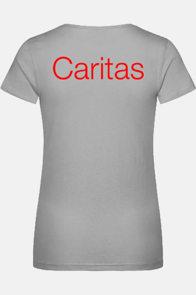 Caritas T-Shirt Zeyra, tailliert geschnitten, Farbe: hellgrau, Größe: S mit Druck des Logos der Caritas auf der Brust