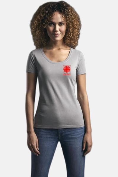 Caritas T-Shirt Zeyra, tailliert geschnitten, Farbe: hellgrau, Größe: S mit Druck des Logos der Caritas auf der Brust