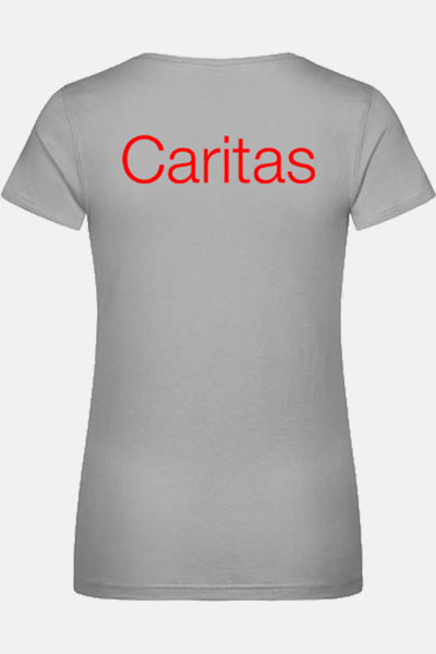 Caritas T-Shirt Zeyra, tailliert geschnitten, Farbe: grau, Größe: S mit Druck des Logos der Caritas auf der Brust