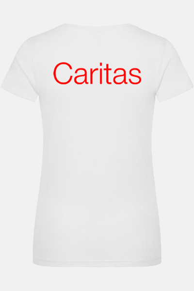 Caritas T-Shirt Zeyra, tailliert geschnitten, Farbe: weiß, Größe: S mit Druck des Logos der Caritas auf der Brust