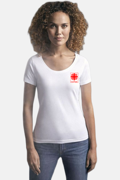 Caritas T-Shirt Zeyra, tailliert geschnitten, Farbe: weiß, Größe: S mit Druck des Logos der Caritas auf der Brust