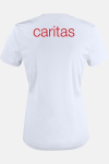 Caritas Funktions T-Shirt Jareka, tailliert geschnitten, Farbe: weiß, Größe: L mit Druck des Logos der Caritas auf der Brust