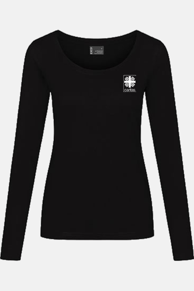 Caritas Langarmshirt Tanira, tailliert geschnitten, Farbe: schwarz, Größe: S mit Druck des Logos der Caritas auf der Brust