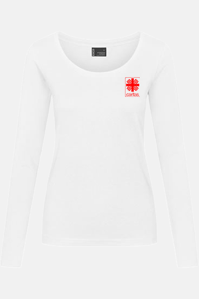Caritas Langarmshirt Tanira, tailliert geschnitten, Farbe: weiß, Größe: S mit Druck des Logos der Caritas auf der Brust