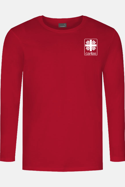 Langarmshirt Kyran - speziell für die Caritas, Farbe: rot, Größe: S mit Druck des Logos der Caritas auf der Brust