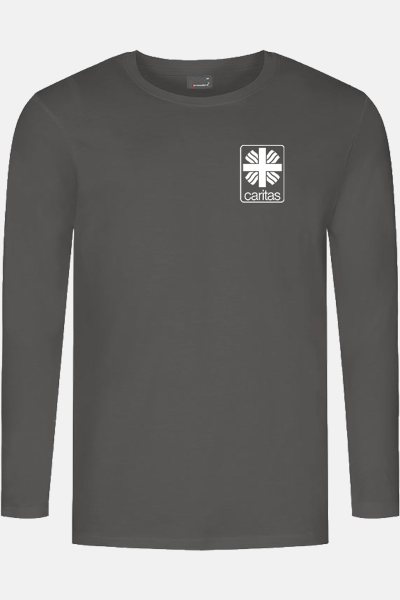 Langarmshirt Kyran - speziell für die Caritas, Farbe: grau, Größe: S mit Druck des Logos der Caritas auf der Brust