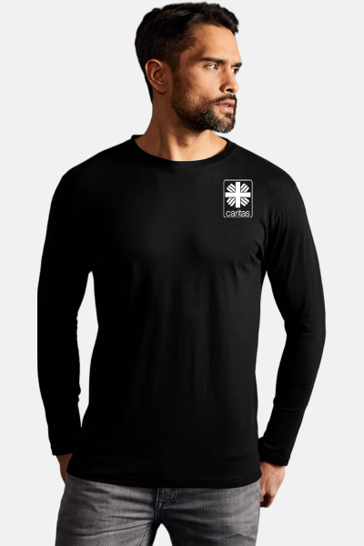 Langarmshirt Kyran - speziell für die Caritas, Farbe: schwarz, Größe: S mit Druck des Logos der Caritas auf der Brust