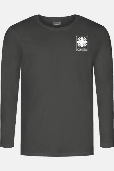 Langarmshirt Kyran - speziell für die Caritas, Farbe: anthrazit, Größe: S mit Druck des Logos der Caritas auf der Brust