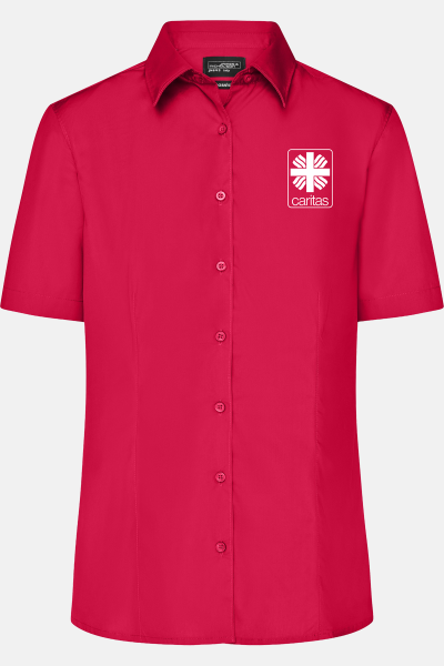 Damen Bluse Thyra, tailliert geschnitten, Farbe: rot, Größe: XS mit Druck des Logos der Caritas auf der Brust