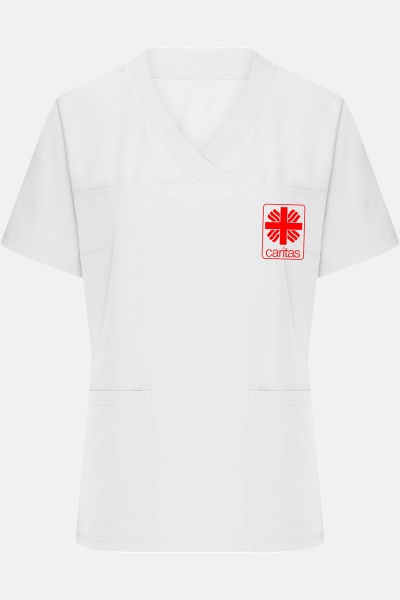 Damen-Stretchkasack Talysi  - speziell für die Caritas, Farbe: weiß, Größe: XS mit Druck des Logos der Caritas auf der Brust