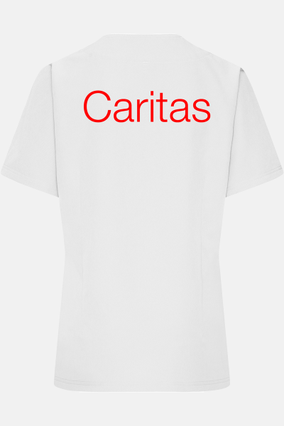 Damen-Stretchkasack Talysi  - speziell für die Caritas, Farbe: weiß, Größe: XS mit Druck des Logos der Caritas auf der Brust