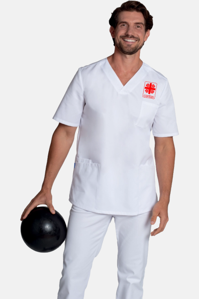 Schlupfkasack Cyran - speziell für die Caritas, Farbe: weiß, Größe: XS mit Druck des Logos der Caritas auf der Brust