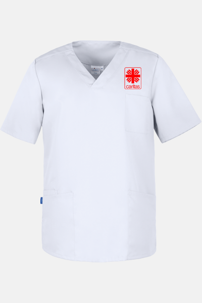 Schlupfkasack Cyran - speziell für die Caritas, Farbe: weiß, Größe: XS mit Druck des Logos der Caritas auf der Brust