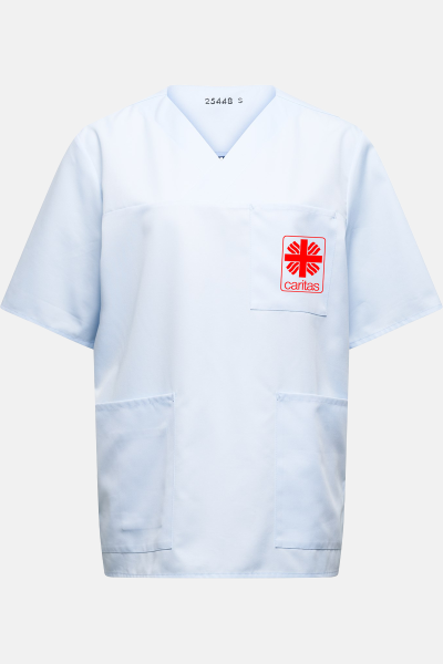 Unisex Schlupfkasack Eike Premium - speziell für die Caritas, Farbe: hellblau, Größe: XXS mit Druck des Logos der Caritas auf der Brust