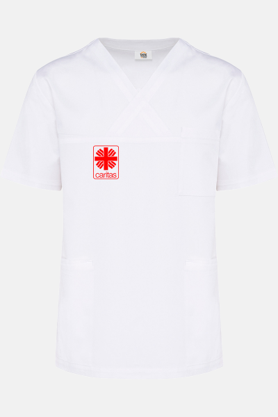 Weißer Unisexkasack Raxen aus Baumwolle - speziell für die Caritas, Farbe: weiß, Größe: XS mit Druck des Logos der Caritas auf der Brust