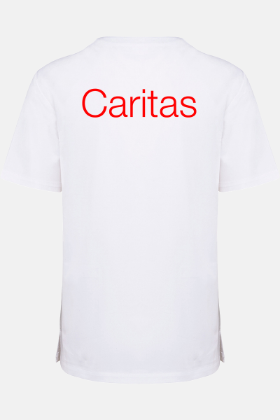 Weißer Unisexkasack Raxen aus Baumwolle - speziell für die Caritas, Farbe: weiß, Größe: XS mit Druck des Logos der Caritas auf der Brust