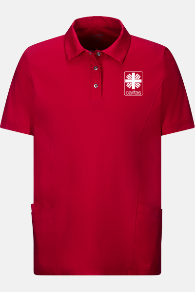 Unisex Polo-Kasack Maris - speziell für die Caritas, Farbe: rot, Größe: XS mit Druck des Logos der Caritas auf der Brust