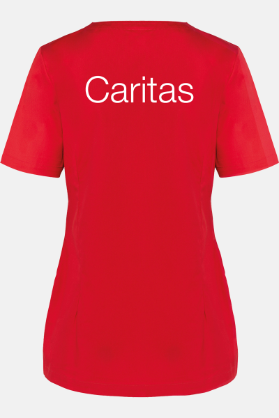 Damen-Knöpfkasack Loriane - speziell für die Caritas, Farbe: rot, Größe: XS mit Druck des Logos der Caritas auf der Brust