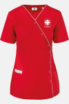 Damen-Knöpfkasack Loriane - speziell für die Caritas, Farbe: rot, Größe: XS mit Druck des Logos der Caritas auf der Brust
