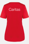 Damen-Knöpfkasack Loriane - speziell für die Caritas, Farbe: rot, Größe: XS mit Druck des Logos der Caritas auf der Brust