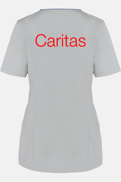 Damen-Knöpfkasack Loriane - speziell für die Caritas, Farbe: grau, Größe: XS mit Druck des Logos der Caritas auf der Brust