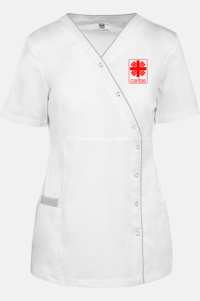 Damen-Knöpfkasack Loriane - speziell für die Caritas, Farbe: weiß, Größe: XS mit Druck des Logos der Caritas auf der Brust