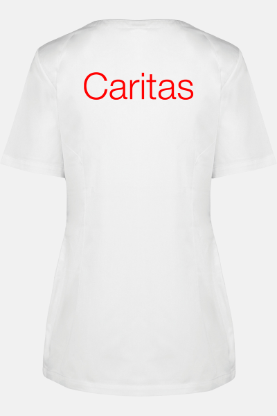 Damen-Knöpfkasack Loriane - speziell für die Caritas, Farbe: weiß, Größe: XS mit Druck des Logos der Caritas auf der Brust