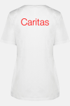 Damen-Knöpfkasack Loriane - speziell für die Caritas, Farbe: weiß, Größe: XS mit Druck des Logos der Caritas auf der Brust