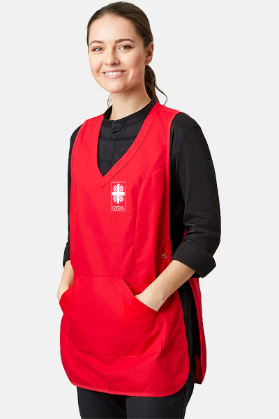 Überwurfschürze Zyra - speziell für die Caritas, Farbe: rot, Größe: I ( 36-42 ) mit Druck des Logos der Caritas auf der Brust